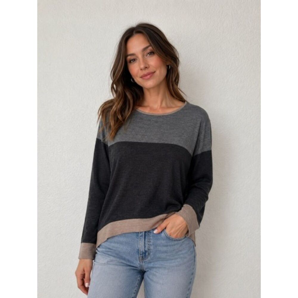 Eileen Fisher Colorblock Merino Woll Crewneck Sweater Size XL